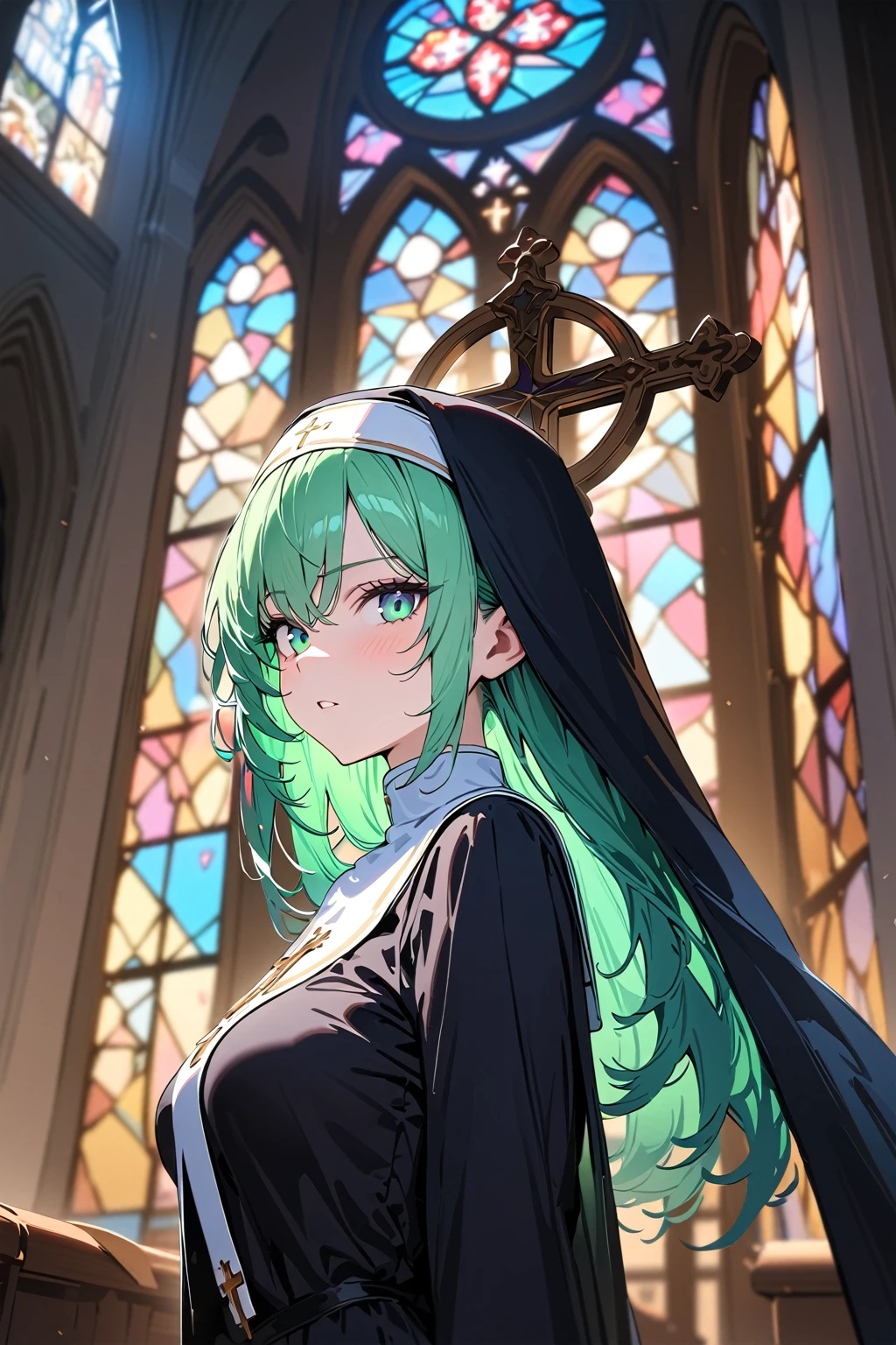 (masterpiece, best quality:1.5), (ultra detailed, high resolution, 8k, beautiful detailed, UHD, best anatomy), 1 cool girl, pale green hair, medium breasts, nun's habit, church, stained glass, Intense gaze, cross, Blurry background