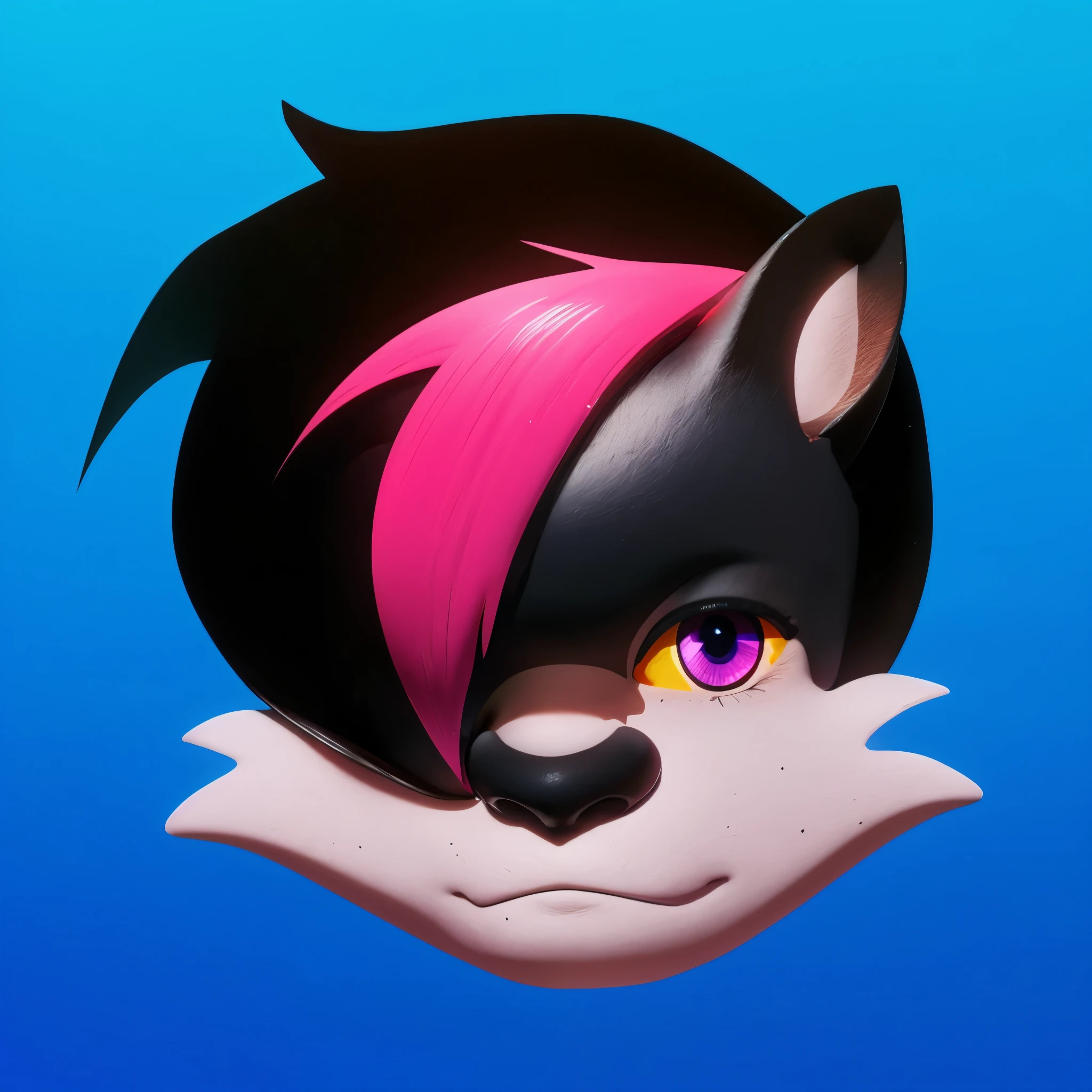 head of a cute big-eyed skunk with pink bangs and completely purple fur 3d cartoon hideous evil insolent 3d cat , violet cat smiling, it has dark mouth and dark eyes, 3d realistic cat toy, multiple light sources, rim light, sharp post effects render, perfect cgi, smooth silhouette, high intensity refraction, most beautiful vfx, realistic, 4k, high resolution, rim light, smooth 3d model