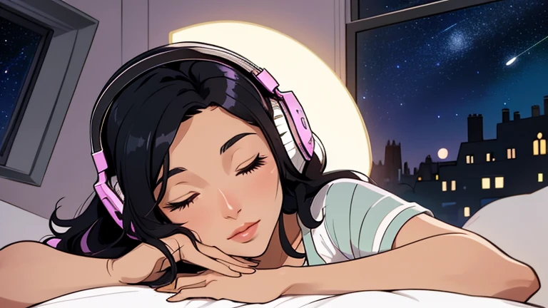 Beautiful woman in her 30s with black hair is sitting with headphones in a stylish bedroom with a beautiful starry sky. Looking down, eyes closed, LOFI girl, relaxing mood, cozy, only five fingers, Paris city, colorful, Well-proportioned face, female Beautiful fingers, summer,