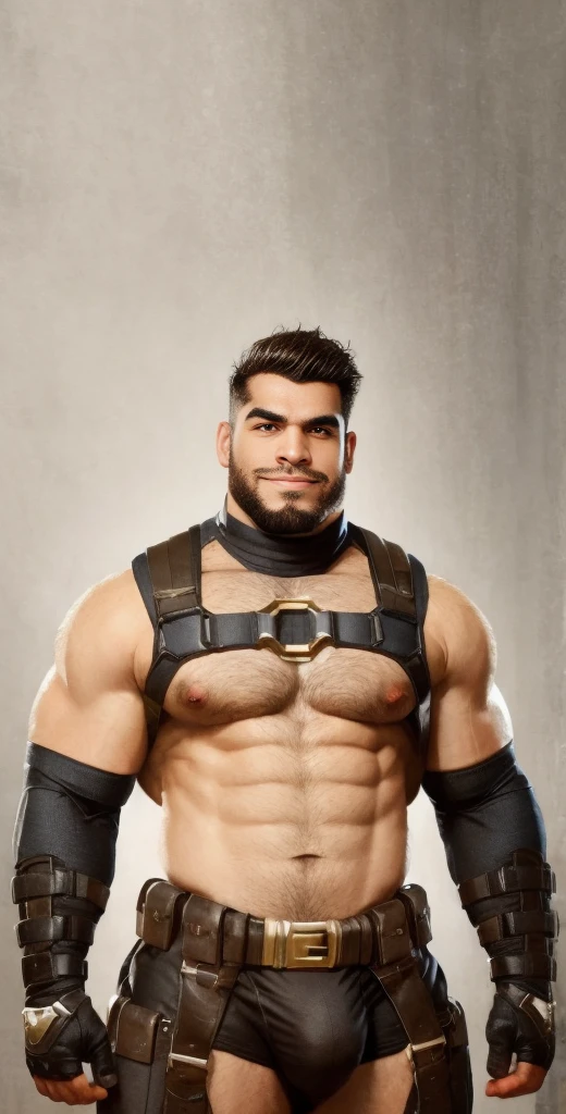 Latino dom, 20 years old, short hair, men, hairy, hairyalpha, BeardAlpha, wearing a superhero clothes, wearing a superhero cape, tight uniform, kevlar fabric, gloves, elbow pads, shoulder pads, wearing a pectoral harness, oversized pectorals, heavy pectorals, oversized bulge, intimidating, smirking, threatening, bara, prison background