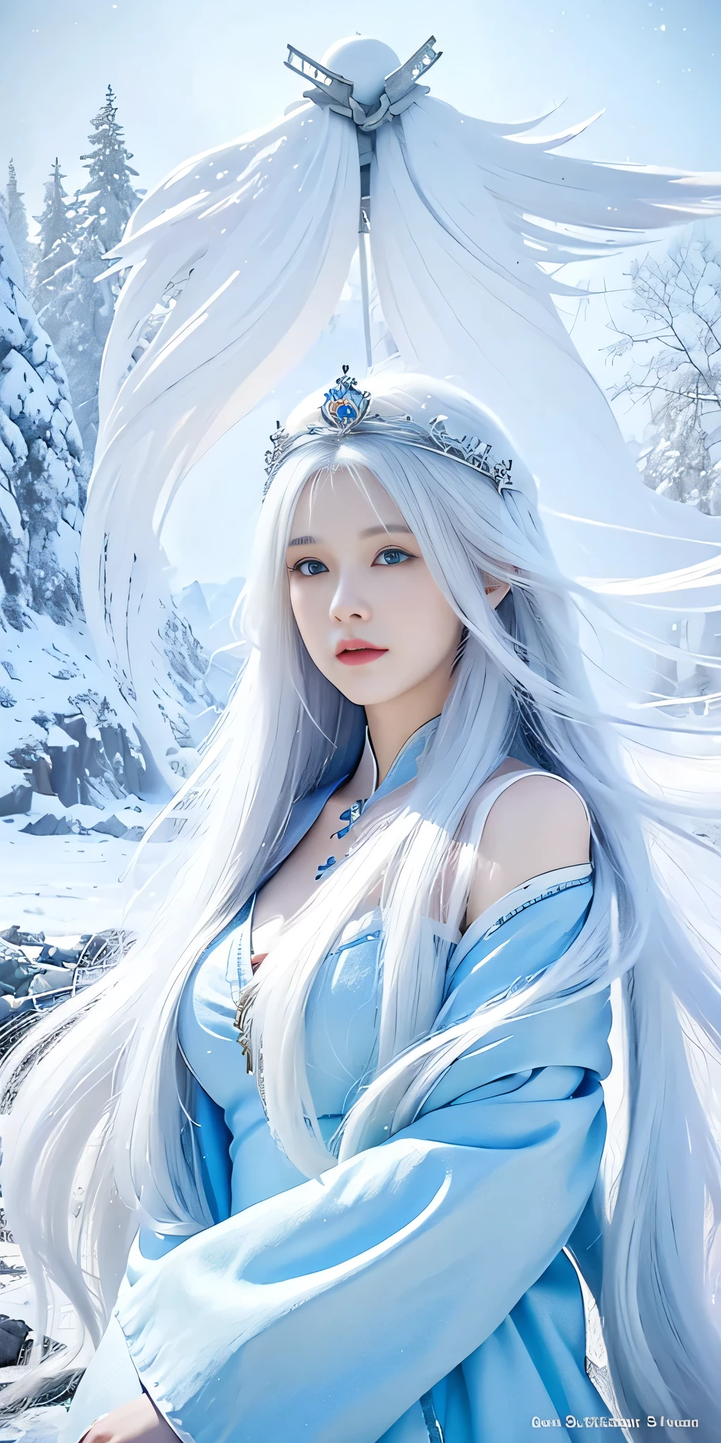a girl with long white hair and a blue dress in the snow, white haired deity, white hair floating in air, fantasy illustration, flowing white hair, beautiful young wind spirit, beautiful fantasy anime, glowing flowing hair, ethereal, beautiful anime artwork, beautiful digital artwork, fantasy artwork, ((a beautiful fantasy empress)), 2. 5 d cgi anime fantasy artwork