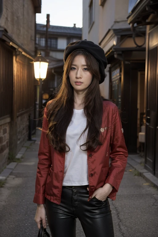 (Practical:0.2), Anime Illustrations, 1 Girl,, Perfect body，Red Jacket, Big Red Hat, In Paris, France, SFW, Black pants,Long legs， Black shirt,Stylish long hair,, 戏剧性的lamp光, lamp, epic lamp, There is light on the face, Backlight, Surface light, Lighted face, 补光lamp, 补光lamp,Walking in the dark alley