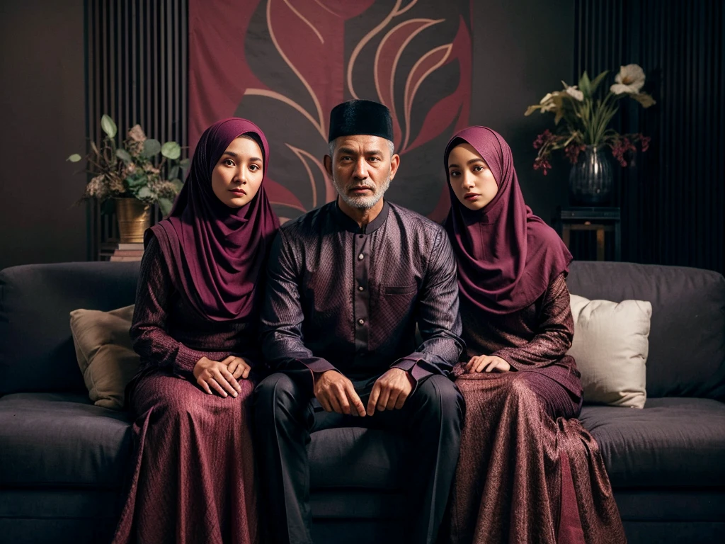 Studio Photography, close up, 3 peoples, Indonesian, sits on sofa, a man aged 55 clean smooth face shaved wearing cap and a woman aged 55 wearing long compliant pashmina hijab,and woman aged 25 wearing hijab, all wearing exclusive maroon gradients black colored muslim clothes ang gamis sharia dress with long compliant sharia hijab, set in a studio with maroon gradients black abstract patterned walls, green flower vases, side tables, fresh color, 8k, photography, UHD, family portrait.