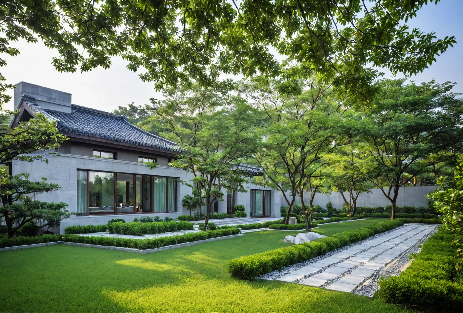 qlcd,tingyuan, photo of modern villa, grassland, garden, shrubs and trees, rock decoration, clear sky, sun light, realistic photo