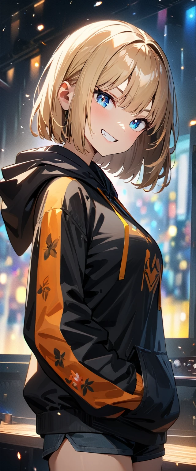 (((One girl))), blond hair, bob cut, (upper body), (looking at viewer), big breasts, head tilt, (((blue eye))), (from side), hand in pocket, ((grin)), black hoodie, shorts, anime style, (best quality, 4k, 8k, highres, masterpiece:1.2, ultra-detailed, ultra-detailed eyes, HDR, UHD, studio lighting, ultra-fine painting, sharp focus, physically-based rendering, extreme detail description, professional, vivid colors, bokeh)