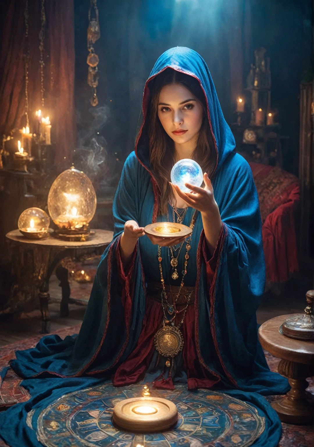 Female fortune teller. Attractive, beautiful and mysterious. She wears a blue cloak and has distinct features. The atmosphere is bright and sparkling, full of anxiety and anticipation. A fortune teller is standing there. ((He turns his body to the front and looks at you:1.5)). He holds a crystal ball in his right hand. The lighting in the room is bright, creating a magical atmosphere. Best picture quality, 4k or 8k resolution. The level of detail is very detailed and realistic, close to photorealism. Artistic style should reflect an official aesthetic with bright colors and strong contrasts. The color palette should emphasize the mystical and mystical theme of the work. The fortune teller's cloak is decorated with metal edging with a thickness ratio of 1.5 and intricate designs. The overall atmosphere is magical, like a starry sky. The expression on the fortune teller's face should arouse mystical interest.