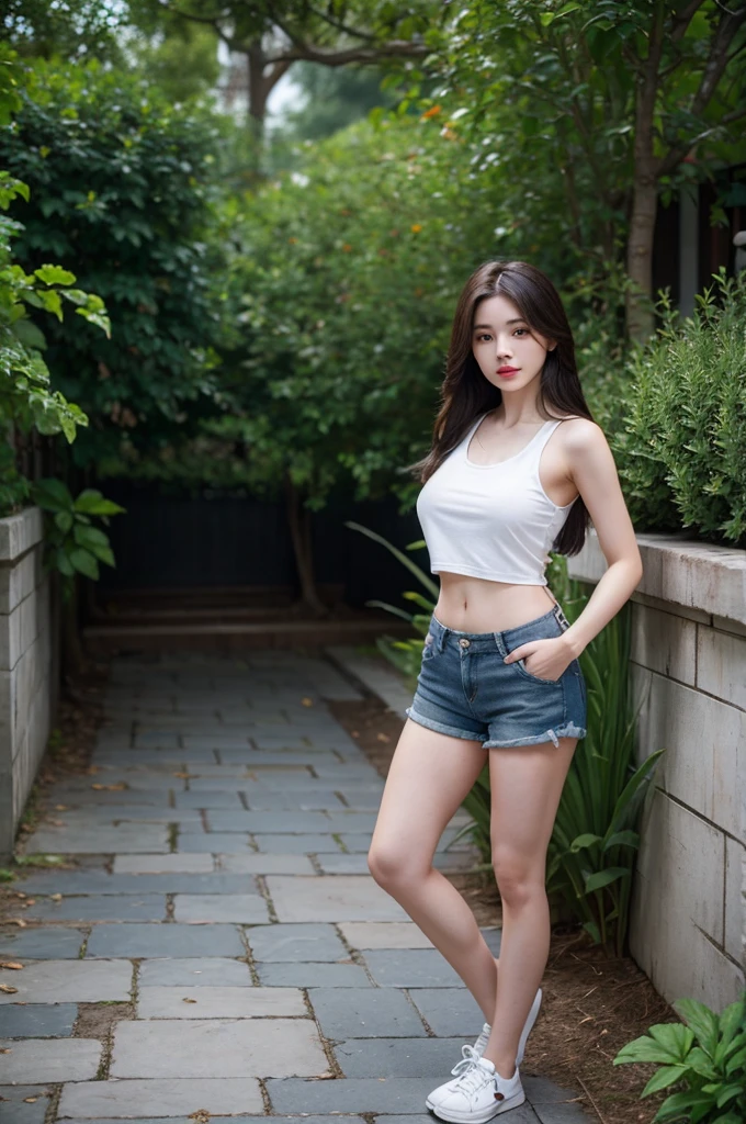 A very cute girl, solo, young, wearing tank top and short pants, big breasts, white and smooth skin, standing, full body, long hairs, red lip, at garden, realistic face