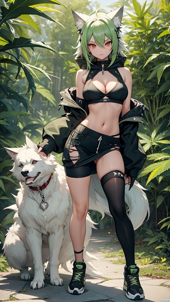 , Croped, , cleavage, slim waist, cropped hoodie underboob, cropped hoodieunderboobhoodie, 1girl, 2 wolf ears, wolf tail, marijuana crop hoodie, crop shorts, marijuana hoodie, spiky hair, spiky fur, green hair, red eyes,marijuana field, tight clothes, perfect eyes, perfect hands, clear resolution, full body, cleavage skin, marijuana plants, open hoodie, marijuana scenery, black thigh high socks, full body, earrings, 1girl, skirt, cleavage, slim waist, cleavage, slim waist, hair pulled back,