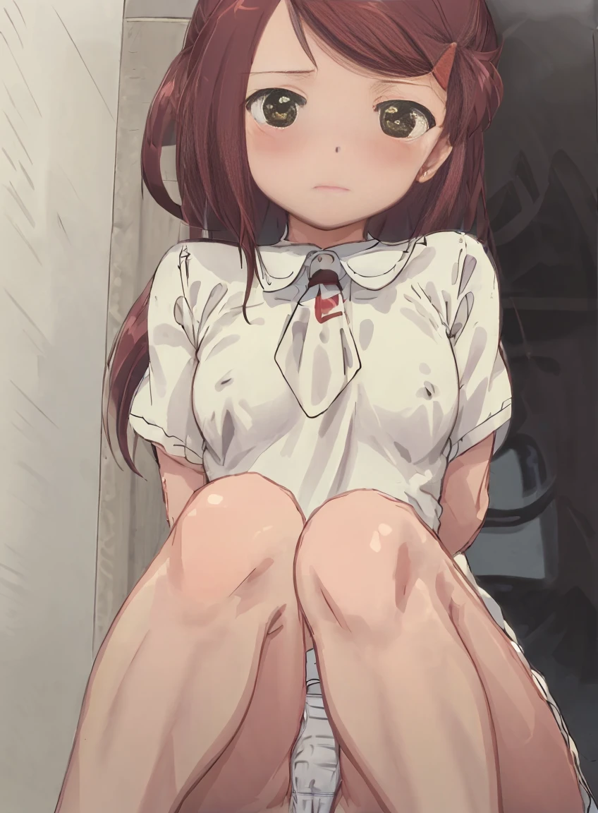 1girl, (suminoe_ako:1.3), sitting, (knees up:1.5), solo, blush, upper body, closed mouth, skirt, white shirt, (red necktie:1.0), looking at viewer, (brown:1.0), short sleeves, arms behind back, (white panties:1.2), (small breasts:1.3), no bra, (covered nipples:1.3), nipple outline