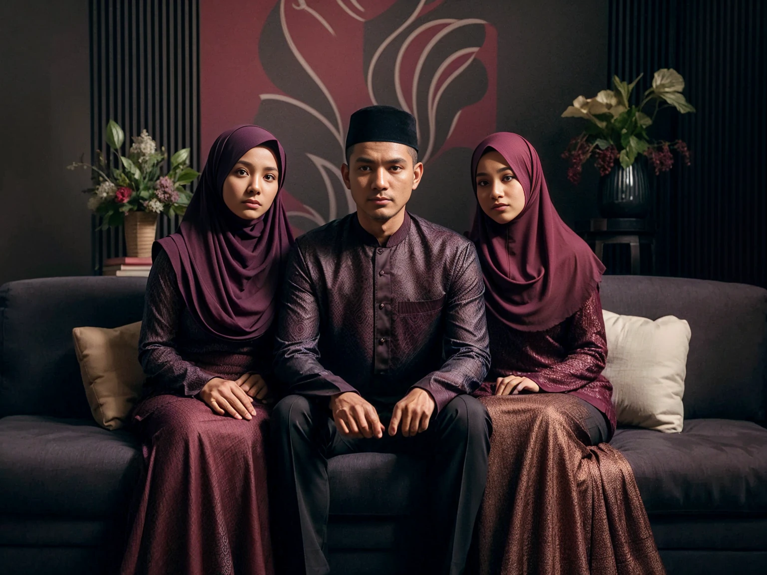 Studio Photography, close up, 3 peoples, Indonesian, sits on sofa, a man aged 55 clean smooth face shaved wearing cap and a woman aged 55 wearing long compliant pashmina hijab,and woman aged 25 wearing hijab, all wearing exclusive maroon gradients black colored muslim clothes ang gamis sharia dress with long compliant sharia hijab, set in a studio with maroon gradients black abstract patterned walls, green flower vases, side tables, fresh color, 8k, photography, UHD, family portrait.