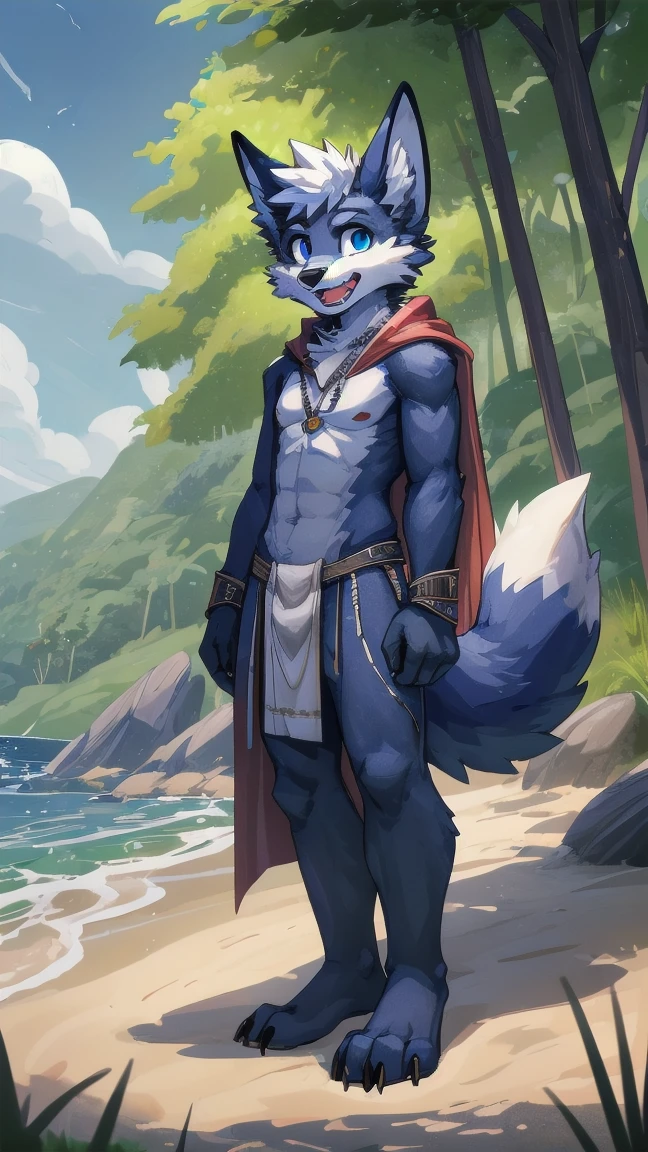 teenanger,solo,freshmen,young people,white hair, nipples，fox, blue eyes, masterpiece, blue fur, clean face, blue necklace, thick eyebrows, detailed eyes, anthro, claw, white headband,white cape，outdoor,open mouth,looking at viewer,necklace,wrist guard,seaside,white loincloth，trees,full body