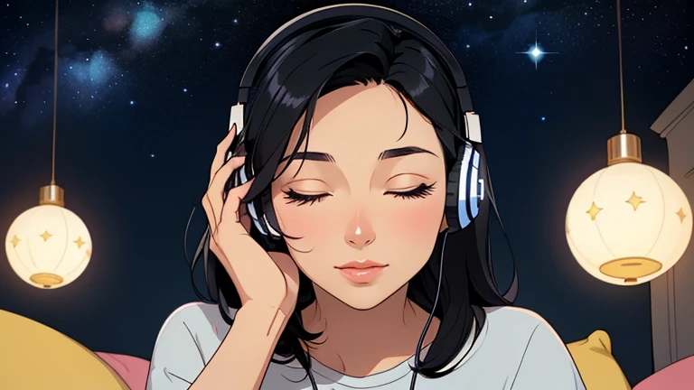 Beautiful woman in her 30s with black hair is sitting with headphones in a stylish bedroom with a beautiful starry sky. Looking down, eyes closed, LOFI girl, relaxing mood, cozy, only five fingers, Paris city, colorful, Well-proportioned face, female Beautiful fingers, summer,