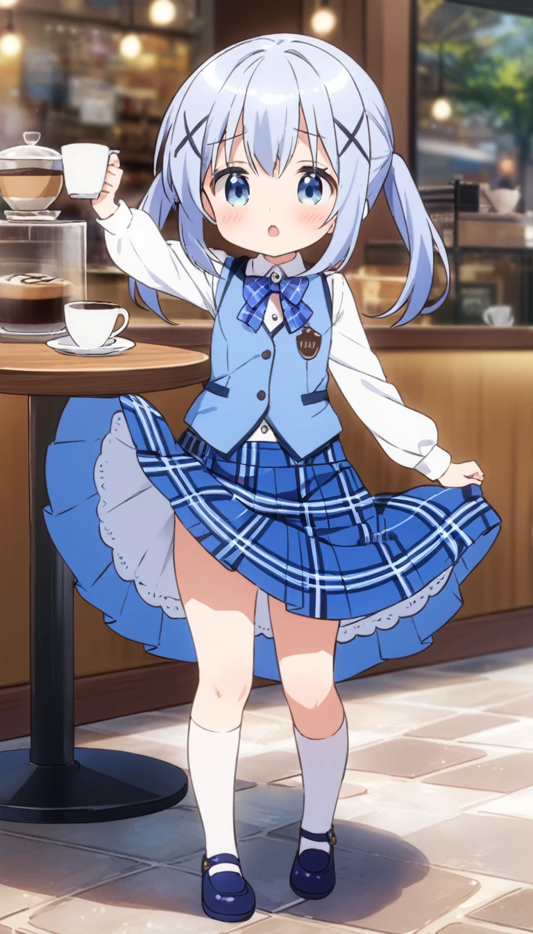 chino, best quality,cafe,coffee,****,full body,blue vest,tartan skirt lift,embarrassing,