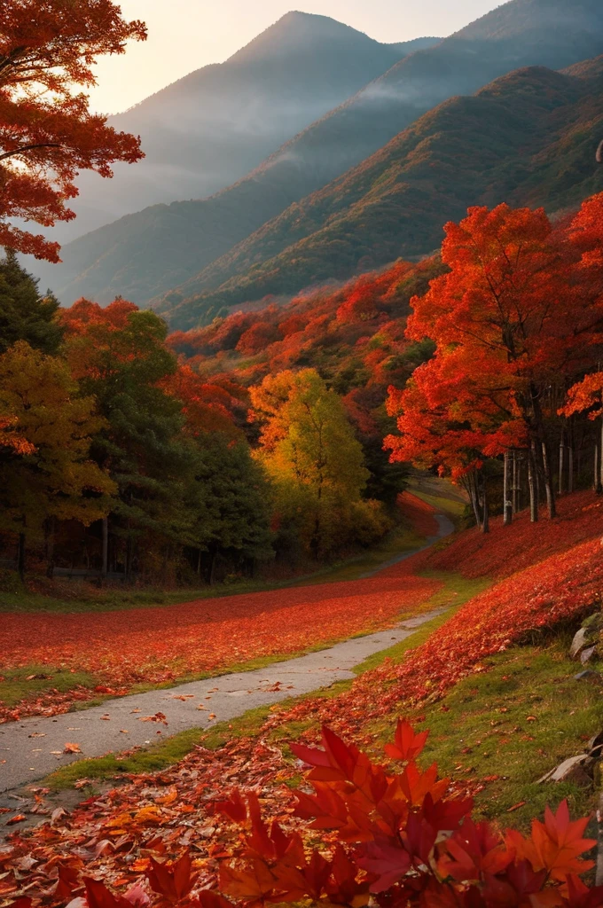 Please draw a dynamic scene with beautiful red fallen mountain leaves dancing in the evening twilight.