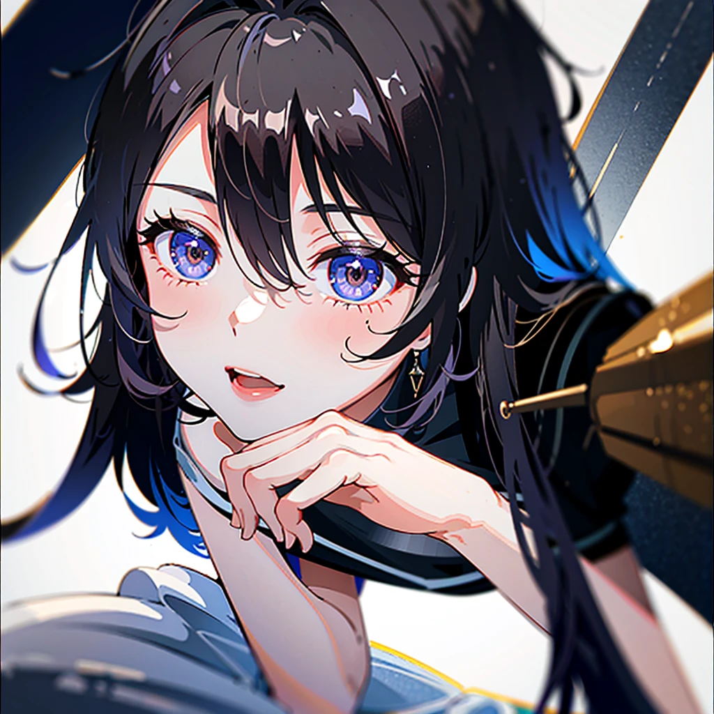 high resolution。High resolution、Low - Angle、masterpiece、Beautiful black-haired girl、17 years old、Round eyes、Playing the Trumpet、White sleevelesiniskirt and knee socks。sweating、high resolution8K