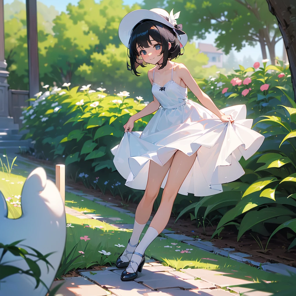 (high quality, High resolution, Very detailed, reality:1.37), Peaceful atmosphere, (Outdoor, garden), 5  girl standing alone, (my breasts are small.), Beautiful details, Cute Smile, (Black bob hair), White sheer camisole dress, White socks, White high heels、White Hat.NSFW、Sheer milk、Crotch showing through