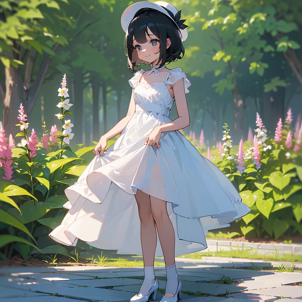 (high quality, High resolution, Very detailed, reality:1.37), Peaceful atmosphere, (Outdoor, garden), 5 year old girl standing alone, (my breasts are small.), Beautiful details, Cute Smile, (Black bob hair), White sheer camisole dress, White socks, White high heels、White Hat.NSFW、Sheer milk、Crotch showing through