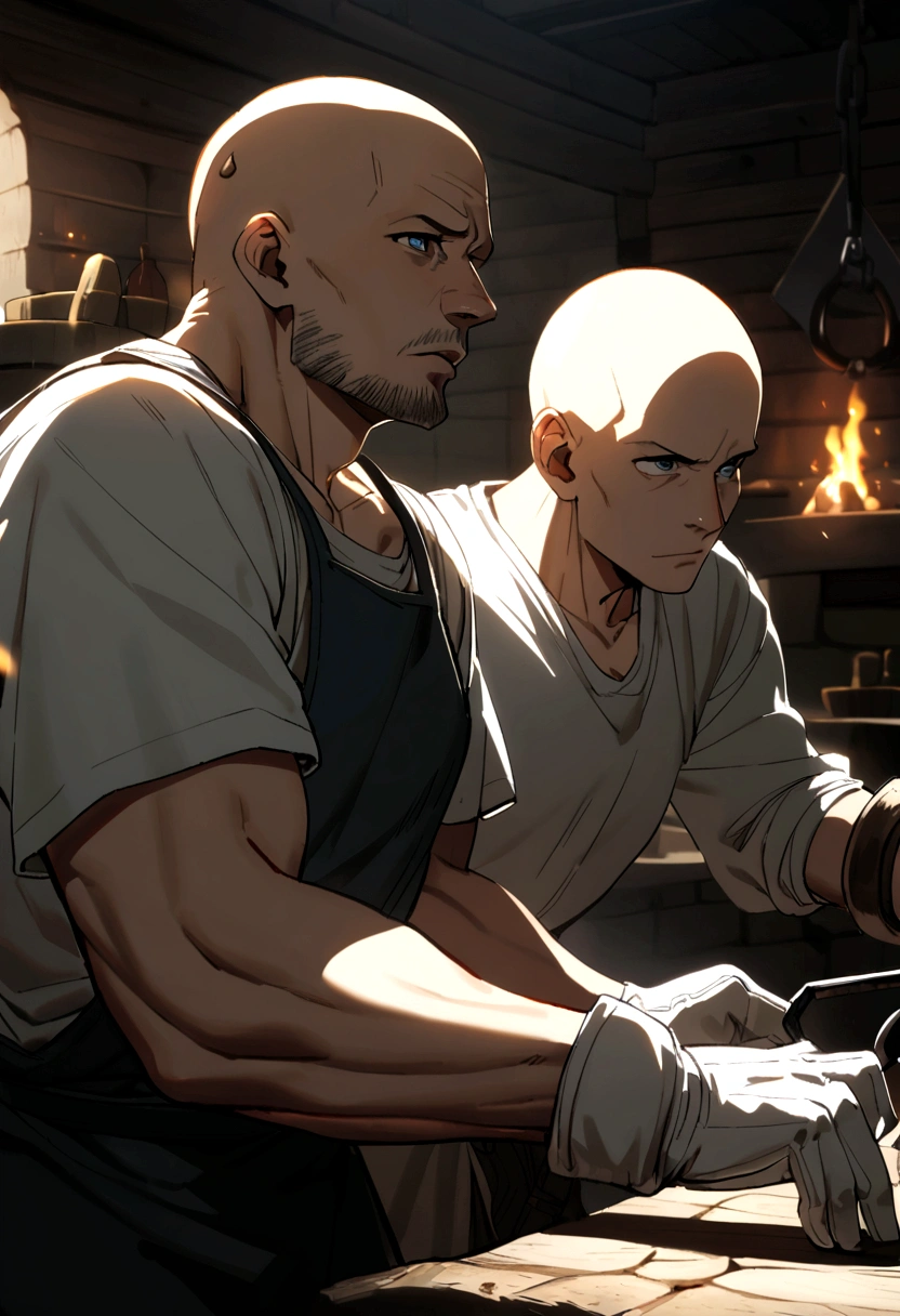 40 year old male, bald head, grey goatee, dark blue eyes, grey tank top, white t-shirt, white gloves, blacksmith