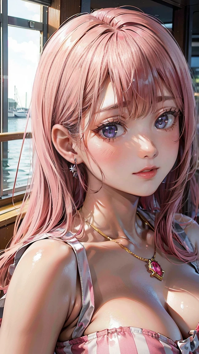 (Masterpiece, BestQuality:1.3), (ultra detailed:1.2), (hyperrealistic:1.3), (RAW photo:1.2), High detail RAW color photo, professional photograph, (Photorealistic:1.4), (realistic:1.4), professional lighting, perfect anatomy, (Big Breasts:1.2), (blush, detailed face), (cheerful Smile:1.5), Trending Hair&Trending Hairカラーをランダムに, earrings, necklace, bracelet, sexly, erotic sexly, Random sexy gravure poses, (A pink-haired woman wearing a striped dress at the yacht club、Posing gracefully。: 1.3)