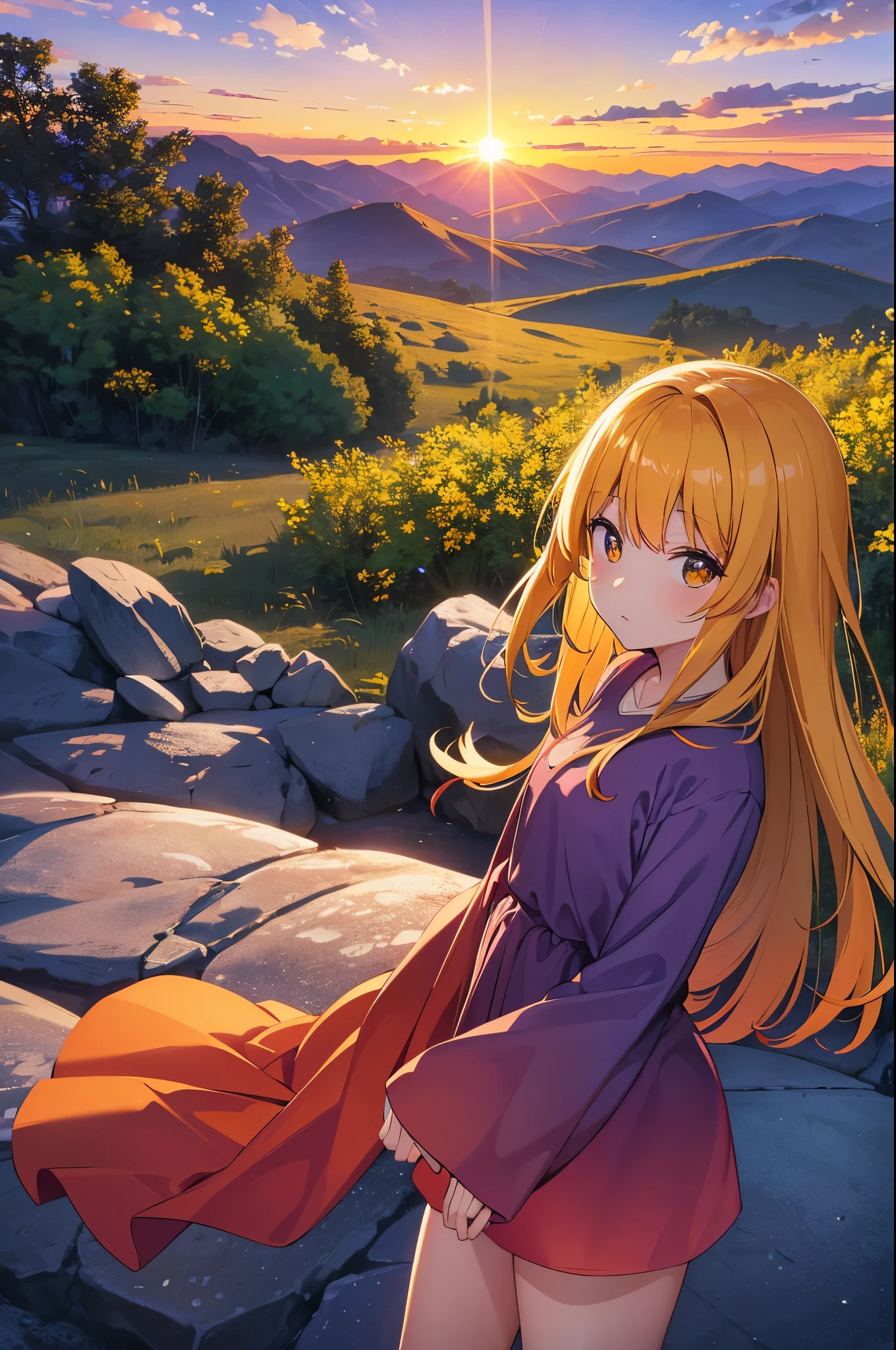 A breathtaking sunrise over a mountain range, with vibrant colors illuminating the sky. The sun is rising over the peaks, casting golden rays across the landscape. The foreground is filled with lush green vegetation and vibrant flowers, with a clear view of the distant mountains covered in trees. The sky is a gradient of warm colors, transitioning from deep orange to bright yellow and soft purple. The entire scene is serene and majestic, capturing the beauty of nature at dawn.