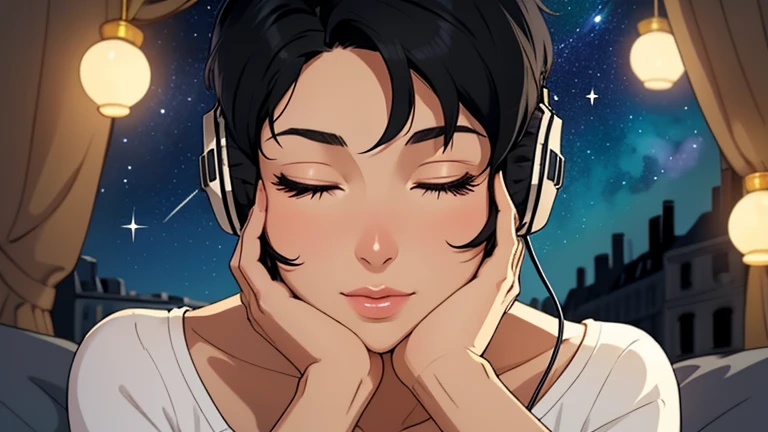 Beautiful woman in her 30s with short black hair is sitting with headphones in a stylish bedroom with a beautiful starry sky. Looking down, eyes closed, LOFI girl, relaxing mood, cozy, only five fingers, Paris city, colorful, Well-proportioned face, female Beautiful fingers, summer,