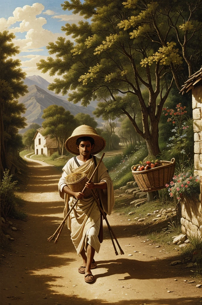 Ram carrying a bundle of sticks or a small basket of fruits, walking along a village path with determination and purpose.
