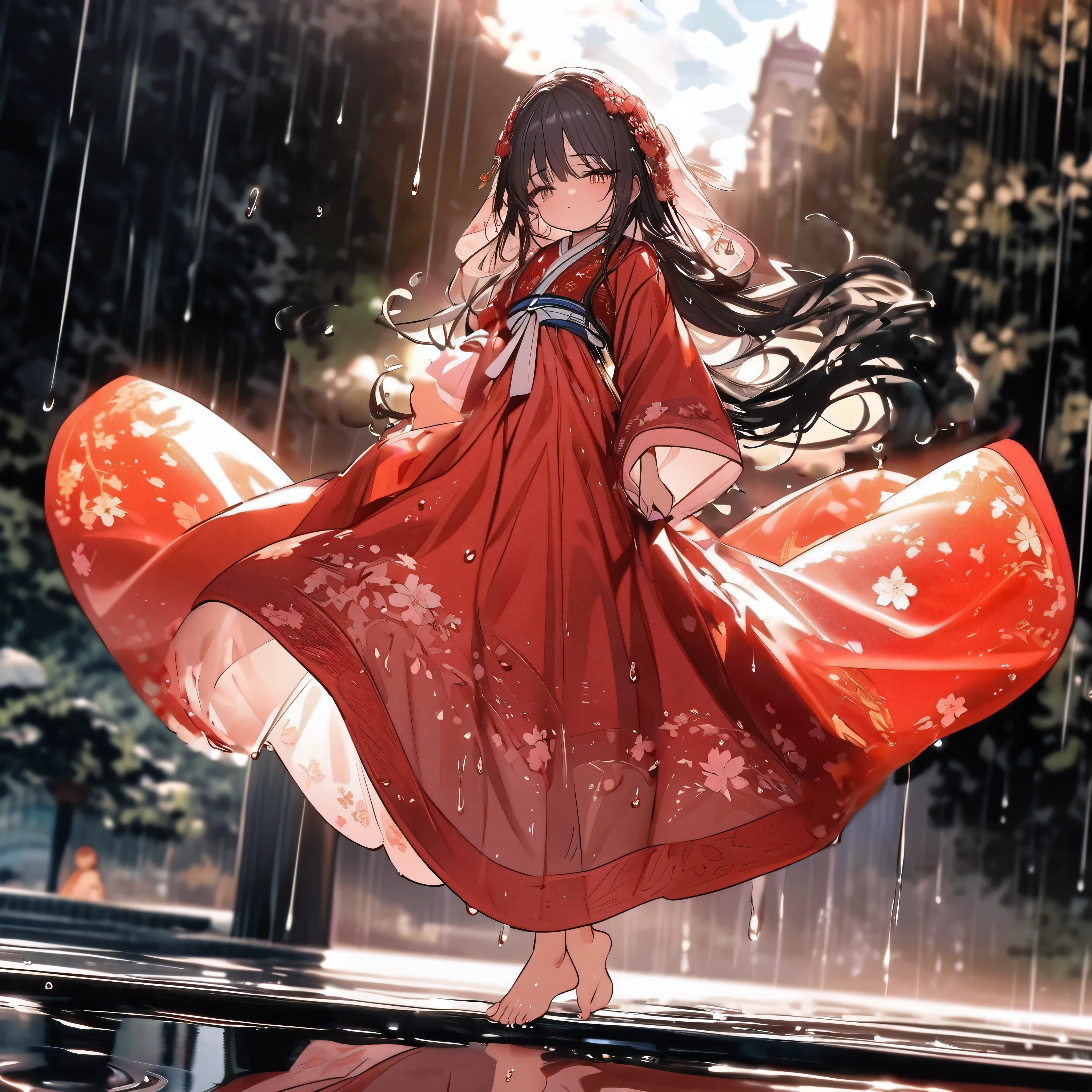 (full body), (solo), (A 7-year-old girl:1.2), (very young little girl), loli, (Solo), (small breast), (wide angle), raw photo, Aesthetic, Convoluted, Awarded, chiaroscuro, Best Quality, Detailed background, (Misty atmosphere:1.2), (hard rainy day:1.1),((Girl in red very long hanfu:1.2)), large red silk hanfu, long red hanfu with a silk texture, best wrinkles, real wrinkles, best shadows, (wet, wet body, wet hair, wet skin, very wet red hanfu, reflection on the wet hanfu, delicate cherry blossom embroidery, subtle water droplets:1.15), (water spray:1.1), The rain, relentless and cleansing, drenches the little girl's hanfu, the ancient Chinese attire now heavy with water, its silken fabric clinging to her body, revealing its soaked and transparent state. Each fold and crease of the magnificent red dress, once crisp, now softened and clinging, outlines her form with the dress's golden patterns glistening through the wetness. Her long hair, once neatly coiled, now hangs in wet tresses, framing her face with droplets of rain like a delicate veil. The strands stick to her skin, highlighting her youthful features, her cheeks flushed with the cool touch of the rain. Barefoot, she moves with a dancer's grace, her feet sinking slightly into the soaked earth, each step leaving a momentary imprint that the rain quickly fills. The ground beneath her is a canvas, her dance a brushstroke, painting a picture of motion and reverence. Her dance is a silent symphony, the raindrops her audience, the drumming on the leaves her music. The red hanfu, now translucent with the rain, moves with her, the golden patterns shimmering like a mirage, a testament to the sacredness of the moment. The air is thick with the scent of wet silk and the earthy aroma of the rain-soaked ground. The scene is one of ethereal beauty, the girl's dance a silent prayer, her soaked hanfu a symbol of purity and renewal. In this sacred dance, the little girl becomes one with the rain, her soaked and transparen