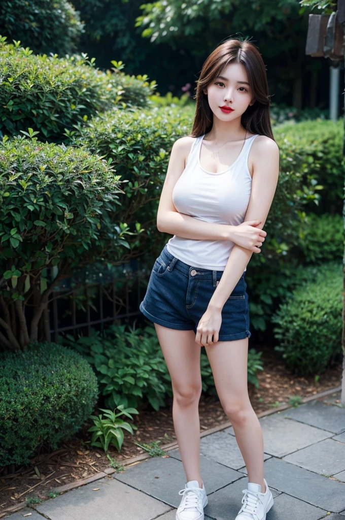 A very cute girl, solo, young, wearing navy tank top and short pants, big breasts, white and smooth skin, standing, full body, long hairs, red lip, at garden, realistic face