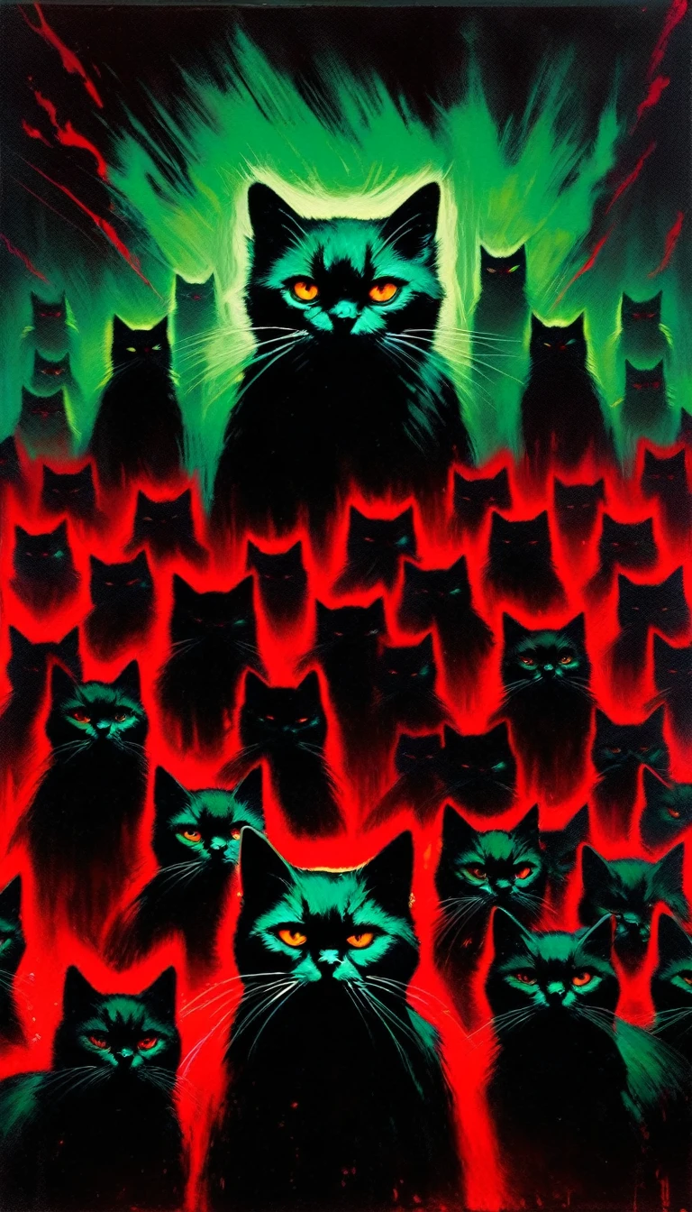 the communist cat conclave, horror tones, dark cats (art inspired in Bill Sienkiewicz). oil painting)
