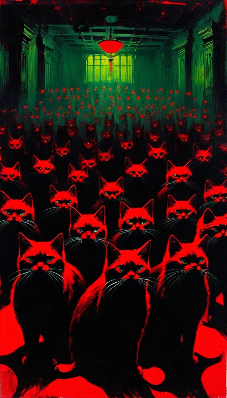 the communist cat conclave, horror tones, dark cats (art inspired in Bill Sienkiewicz). oil painting)