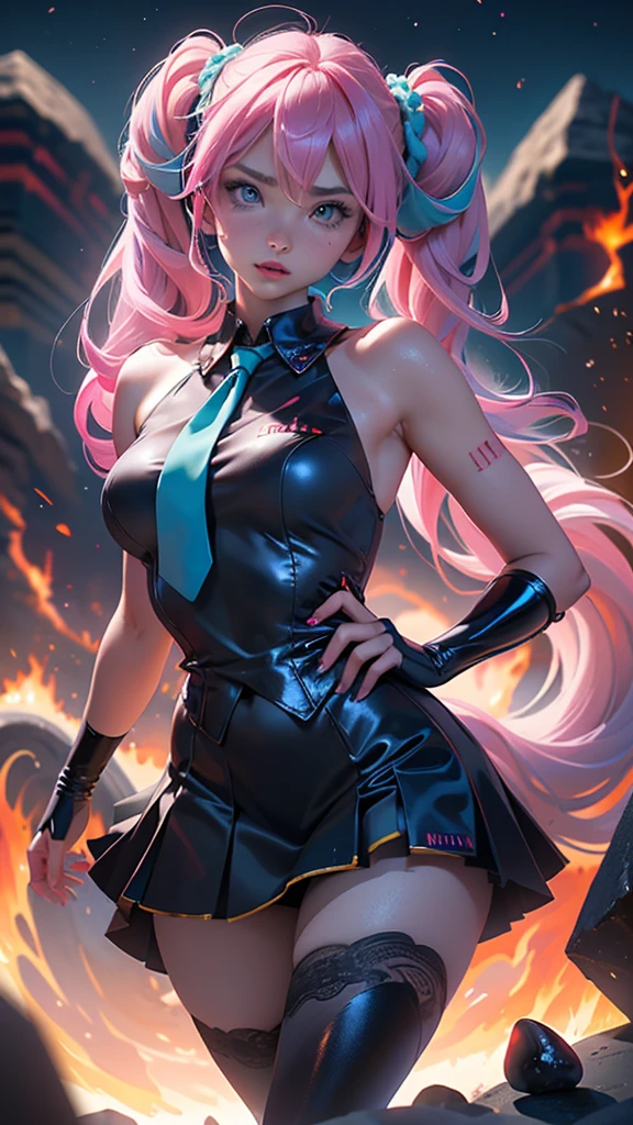Best quality, Masterpiece, Portrait, Perfect anatomy, Femininity, Cool, Flawless, , Solo, Sexy, Stylish, Mature, Purple eyes, Long light pink hair, Mole above lip, Red lipstick, Big breasts, mirai,(background large stones volcano Lava colors ),mostrando panties White,(Vibrant, Foto realist, realist, dramatic, dark, sharp focus, 8k),,unreal engine:1.4,UHD,La Best Quality:1.4, fotorrealist:1.4, skin texture:1.4, Masterpiece:1.8,first work, Best Quality,(Beautiful and detailed eye description:1.4),(perfect anatomy),(convex ,detailed fingers),(black volcano stones:1.4),(mirai:1.4), (realistic beautiful colors:1.4 ), (pose sexy porno), (draw good hair scrunchies :1.4 ), (hair tie :1.4), (realistic fire:1.4 ),(Mirai the most beautiful woman in the world:1.4 ), (showing lace panties :1.4), (full nudity 2.1)
