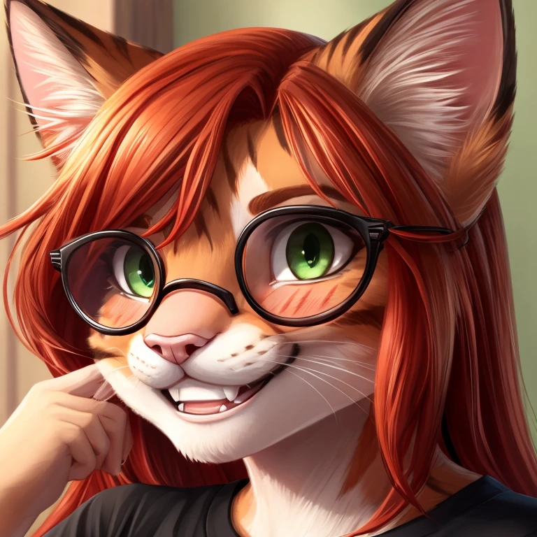 Masterpiece, high quality, Solo, tabby cat, orange fur, furry girl, green eyes, long red hair, cute cat snout , pink nose, small breasts, wearing black shirt, big round glasses, bashful smile, looking embarrassed, looking away, feline teeth, adjusting her glasses with a hand, close up portrait, mouth open, feline teeth, blushing