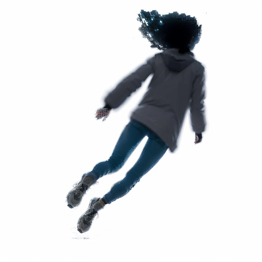 A person being absorbed by a vortex or portal, wears a winter jacket, jeans and sports shoes. Photorealism, full view, highly detailed image, very realistic, hyperrealism, Ultra HD, 8k, 5, sharp focus, intricate and mysterious masterpiece. (Long exposure photography Very detailed close-up portrait artistic illustration: final quality, medium shot, backlight, Rich and striking. Enigmatic and mysterious manipulations (composition of the rule of thirds), ((detailed environment with strong lines) Lo best quality, in camera, white light, warm and clean aesthetics, dazzling screen composed of millions of brilliant ultraviolet rays, HDR.