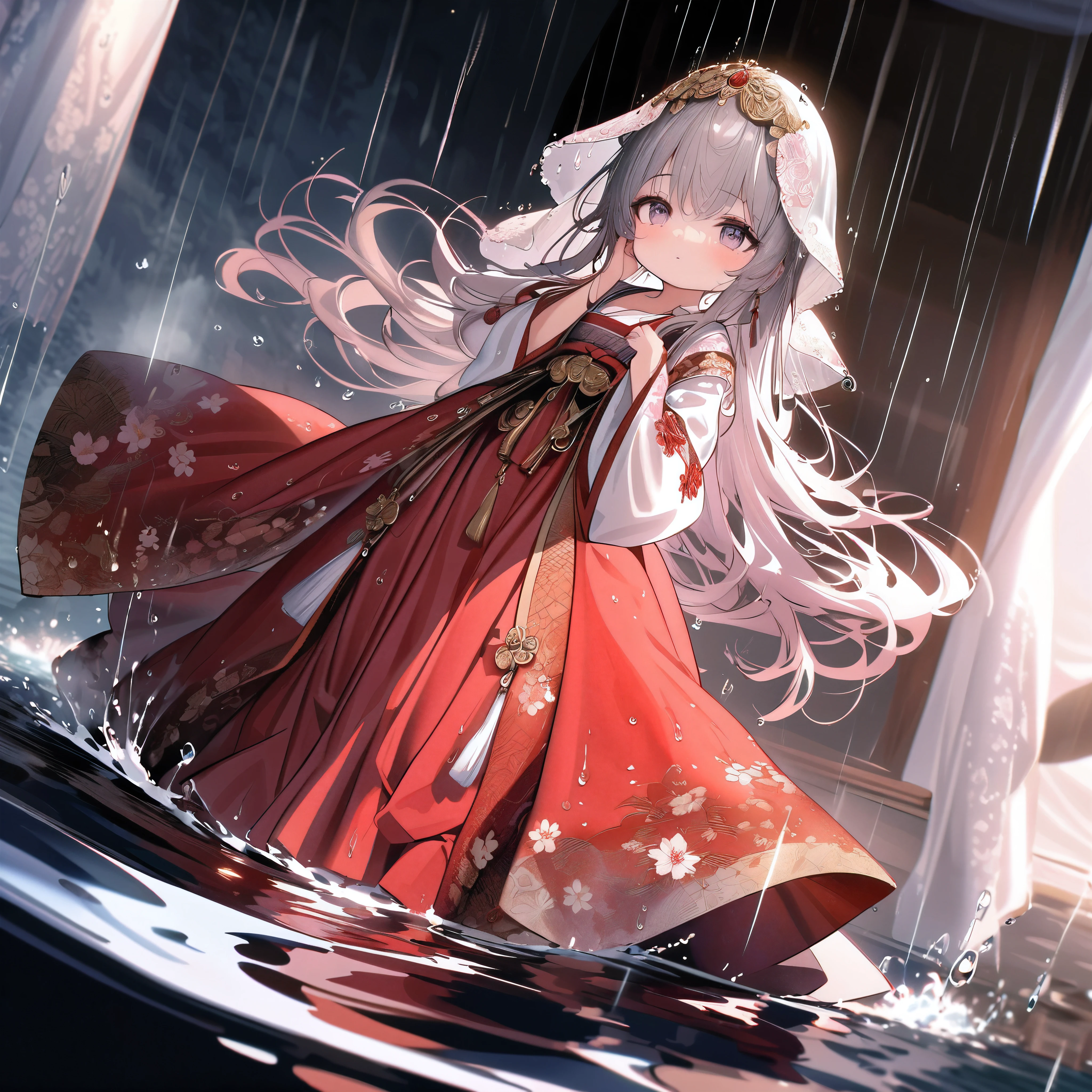 (full body), (solo), (A 7--old l:1.2), (very yo loli, (Solo), (small breast), (wide angle), raw photo, Aesthetic, Convoluted, Awarded, chiaroscuro, Best Quality, Detailed background, (Misty atmosphere:1.2), (hard rainy day:1.1),((Girl in red very long hanfu:1.2)), large red silk hanfu, long red hanfu with a silk texture, best wrinkles, real wrinkles, best shadows, (wet, wet body, wet hair, wet skin, very wet red hanfu, reflection on the wet hanfu, delicate cherry blossom embroidery, subtle water droplets:1.15), (water spray:1.1),
The rain, relentless and cleansing, drenches the little girl's hanfu, thent Chinese attire now heavy with water, its silken fabric clinging to her body, revealing its soaked and transparent state. Each fold and crease of the magnificent red dress, once crisp, now softened and clinging, outlines her form with the dress's golden patterns glistening through the wetness.
Her long hair, once neatly coiled, now hangs in wet tresses, framing her face with droplets of rain like a delicate veil. The strands stick to her skin, highlighting her youthful features, her cheeks flushed with the cool touch of the rain.
Barefoot, she moves with a dancer's grace, her feet sinking slightly into the soaked earth, each step leaving a momentary imprint that the rain quickly fills. The ground beneath her is a canvas, her dance a brushstroke, painting a picture of motion and reverence.
Her dance is a silent symphony, the raindrops her audience, the drumming on the leaves her music. The red hanfu, now translucent with the rain, moves with her, the golden patterns shimmering like a mirage, a testament to the sacredness of the moment.
The air is thick with the scent of wet silk and the earthy aroma of the rain-soaked ground. The scene is one of ethereal beauty, the girl's dance a silent prayer, her soaked hanfu a symbol of purity and renewal.
In this sacred dance, the little girl becomes one with the rain, her soaked and transparen