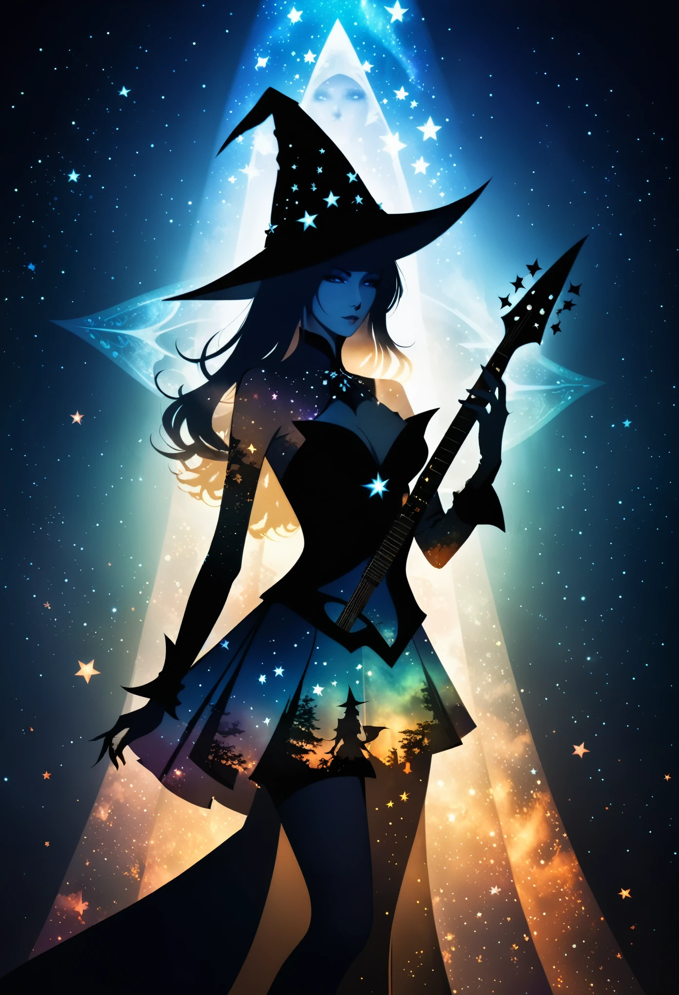(Double Exposure:1.5)，in style of Thierry Mugler，Magic witch and balalaika from the nebula，fantasy,Witch costumes，Japanese anime style，(Dark atmosphere:1.2)，(Extreme shadows:1.2)，(Witch in the shadows:1.2)，