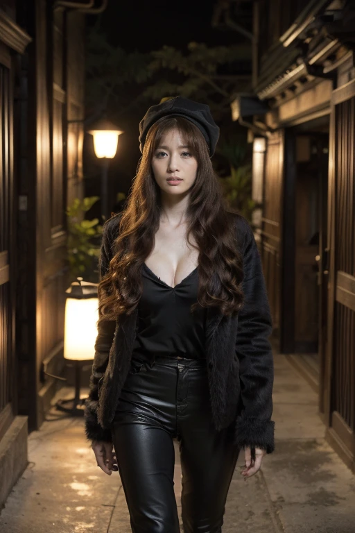 (Practical:0.2), Anime Illustrations, 1 Girl,, Perfect body,Furry coat, Big Red Hat, SFW, Cleavage,Black pants,Long legs, Black shirt,Stylish long hair,, 戏剧性的lamp光, lamp, epic lamp, There is light on the face, Backlight, Surface light, Lighted face, 补光lamp, 补光lamp,Walking in the dark alley