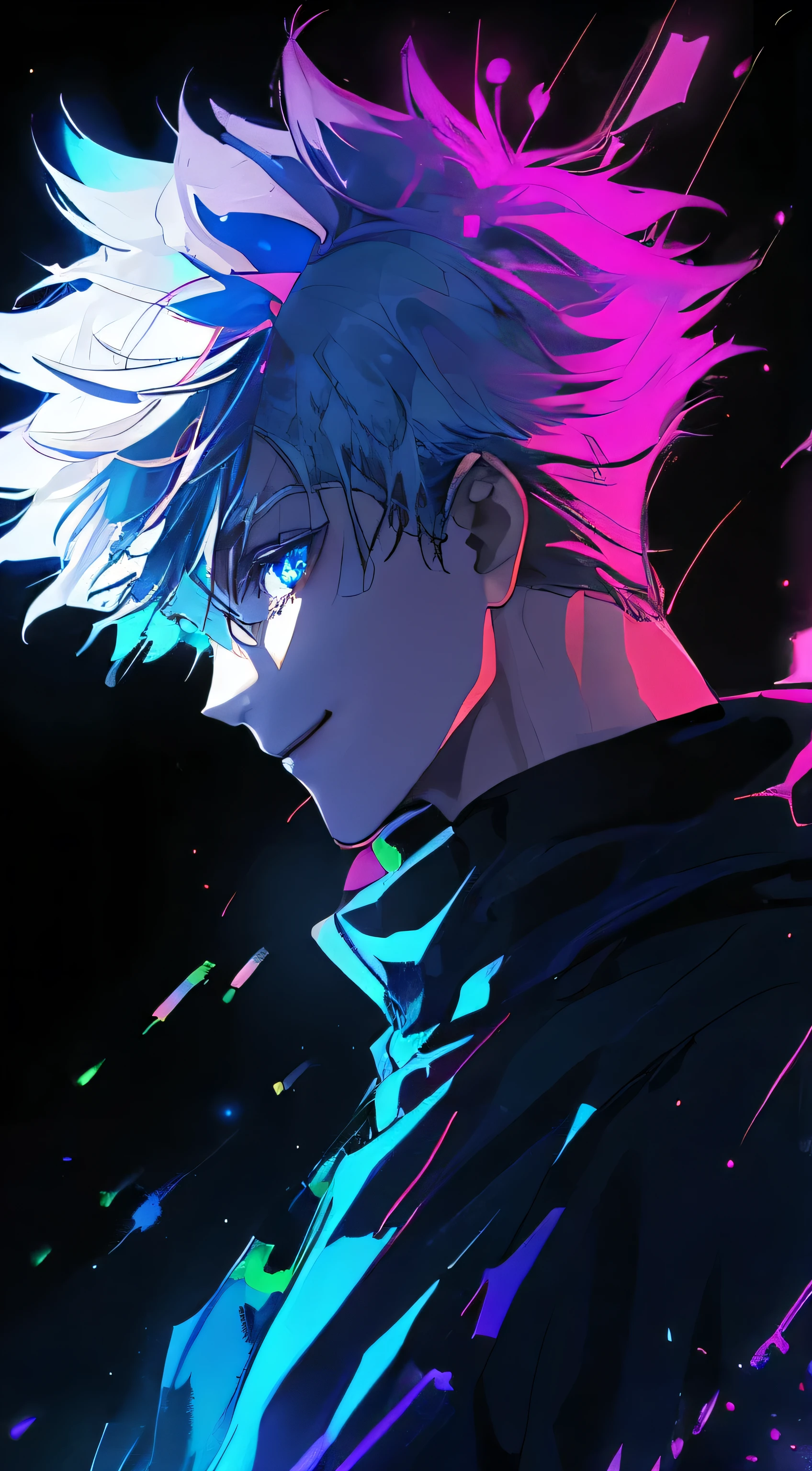 boy, neon background , fearless smile,D Blue Eyes