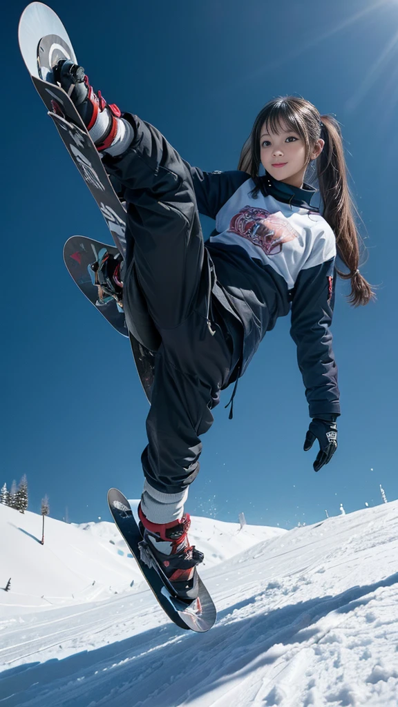 (((A high  girl snowboarding on a slope:1.2))), (beautiful girl, Amazingly cute face, Idol Face:1.2), (((One snowboard))), Detailed Snowboard, (Captivate those around you), (Outstanding Style), ((Detailed eyes and face, Professional photography techniques, Cinema Lighting)), Detailed hands, (Highest quality, 8K, masterpiece:1.2, RAW Photos), (Reality:1.4), View the viewer, ((Stylish snowboard wear:1.2)), Short pigtails, (Perfect Anatomy:1.3), ((Fantastic landscape:1.2))