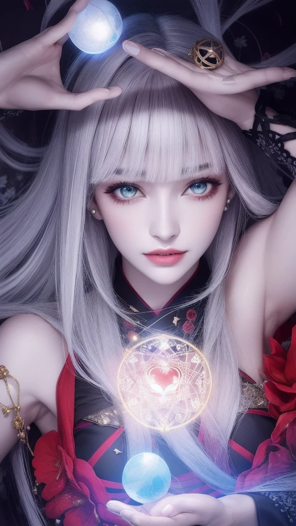 (masterpiece, top quality, 1 female, solo, exquisite details, chromatic aberration), (realistic), (skin), ((breathing)), (silver hair, blunt bangs, short cut straight long hair, short cut bangs, silver hair), beautiful hair, red headdress, blue highlights, hair over one eye, cute eyes,purple eyes, thick lips, earrings, piercing eyes, ((gold and white kimono)), ((symmetrical eyes)), ((perfectly symmetrical body)), ((perfectly symmetrical hands)), (purerosface_v1:0.3), night, (((self, natural light))), bright lighting, flowers blooming in the background, front of viewer, ((central shot, from the front, (face and waist))), mysterious atmosphere, flowers blooming around, light colored background, fortune teller in kimono, beautiful fortune teller, fortune teller, fantasy female fortune teller, female fortune teller, f Fantasy photography, magician, witch fairy tale, Japanese style, elegant cinematic fantasy art, fantasy woman, magician portrait, casting a spell, fortune teller, A powerful wizard stands in a mysterious forest, fluttering robes adorned with symbols, holding a glowing heart crystal ball, eyes glowing with mystical energy, spells leaking from his mouth, vivid swirling patterns of black magic pulsating in hues of red and blue appear in the air, magic permeates, flowers bloom and sacred creatures gaze in awe, threads of magical energy dance, revealing hidden realms and unravelling secrets, capturing the essence of this enchanting moment and bringing to life the mysterious power of black magic on a canvas of the highest quality and finest detail. Top Quality, Masterpiece, Ultra High Resolution, (Photorealistic: 1.4), RAW Photo, Sharp Focus, High Resolution, Detailed Skin, .