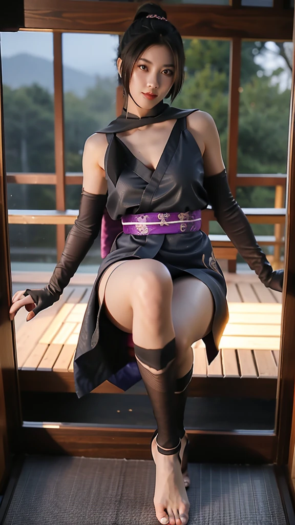 Two beautiful Female ninja wearing short kimono in fishnet stockings with bare feet and toes exposed with boob cleavage showing 