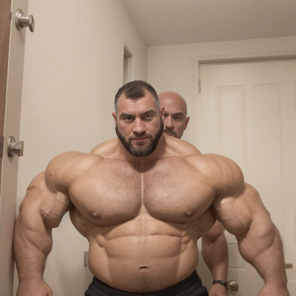 2boys, A handsome mature old Irish dad with a massive beard and no shirt standing in front of a door,bald head,hyper muscular, grabbing own pecs, excessive cum on body, pumped, roids, huge pecs, arms, biceps, shoulders, male focus, centered, tan skin, dom, meticulous muscle definition, detailed face, big sexual energy, (60 years old)