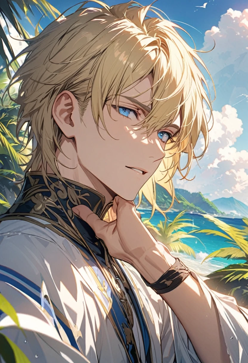 masutepiece, High resolution, 8K, Men in anime, Delicate and detailed writing 、Detailed digital illustration、细致背景、masterpiece、Soft Focus , Bright gradient watercolor , Lens Flare , Glitter , Glow , Dreamy ,beautiful male、Hawaiian sea beach background、fisherman、The appearance of fishing、Fish bouncing、Splash background、extra detailed face、boat in background、very large and slit eyes,,,,,、Eyes shine like diamonds、Fishing on the sandy beach、Sitting on the sandy beach、fisherman、White bee on the head、Dressed in a white fisherman's costume、A detailed face、high-level image quality、Hi-Res、hightquality,