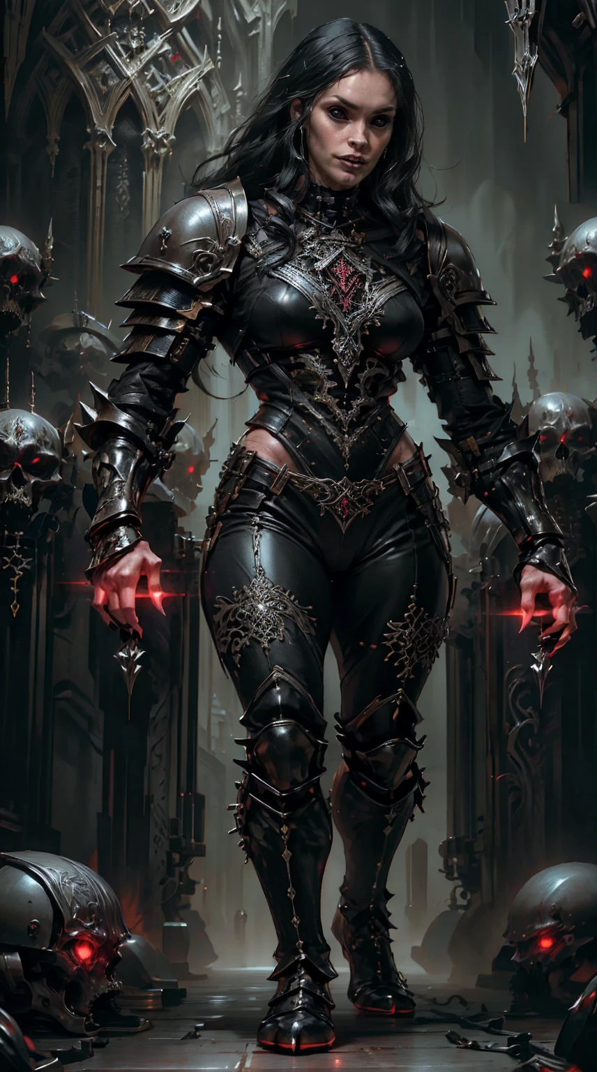 (((megan fox))), (masterpiece:1.1), (best quality:1.1), ((full body view:1.25)), (ornate:1.1), (red and black coloring:1.26), BREAK, (horror:1.0), (esoteric:1.1), (solo:1.4), (dynamic angle:1.0), (cowboy shot:1.0), (woman:1.1),(very muscular bodybuilder girl:1.25), (huge upper body:1.25), (narrow hips:1.0), long hair, (gothic intricate vampiric armor:1.25), (gauntlets:1.0), (shoulder armor:1.1), ((tarot style frame:1.25)), (glowing red eyes:1.25), (huge muscular arms:1.5,) thin legs, Realistic, Very detailed face and eyes, masterpiece