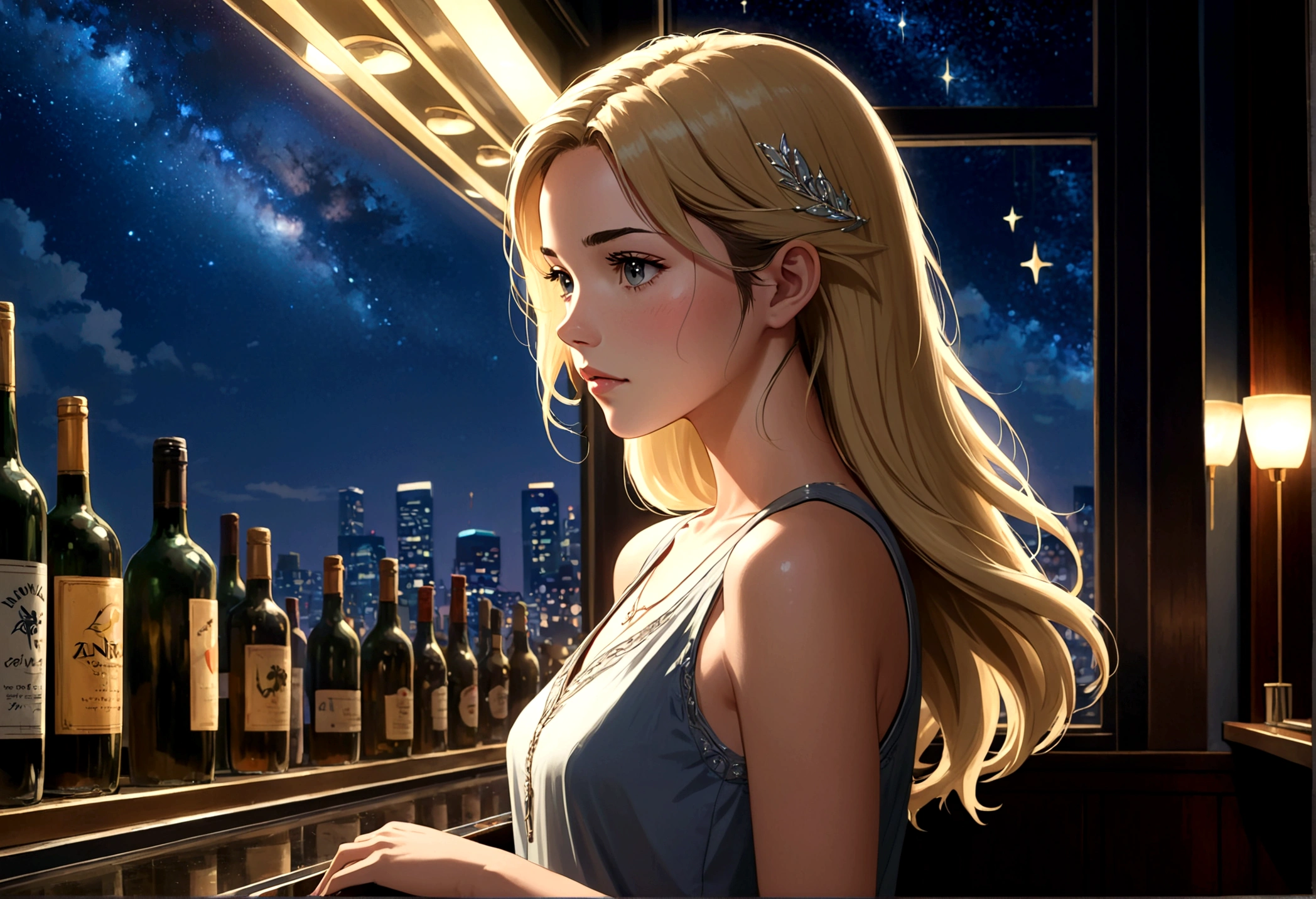Uses Makoto Shinkai'The depiction is perfect,Portrait of Odette Annable,8k 4k masterpiece photo ,Tokyo,Glass ceiling jazz bar,I can see the twinkling stars through the glass window.,that'Outside in the dark night,Jazz is playing,Profile close-up,Beautiful profile,Semi-long hair,Blonde,Look in a different direction,Standing alone at the counter,Tight fitting grey tank top dress,Large bust