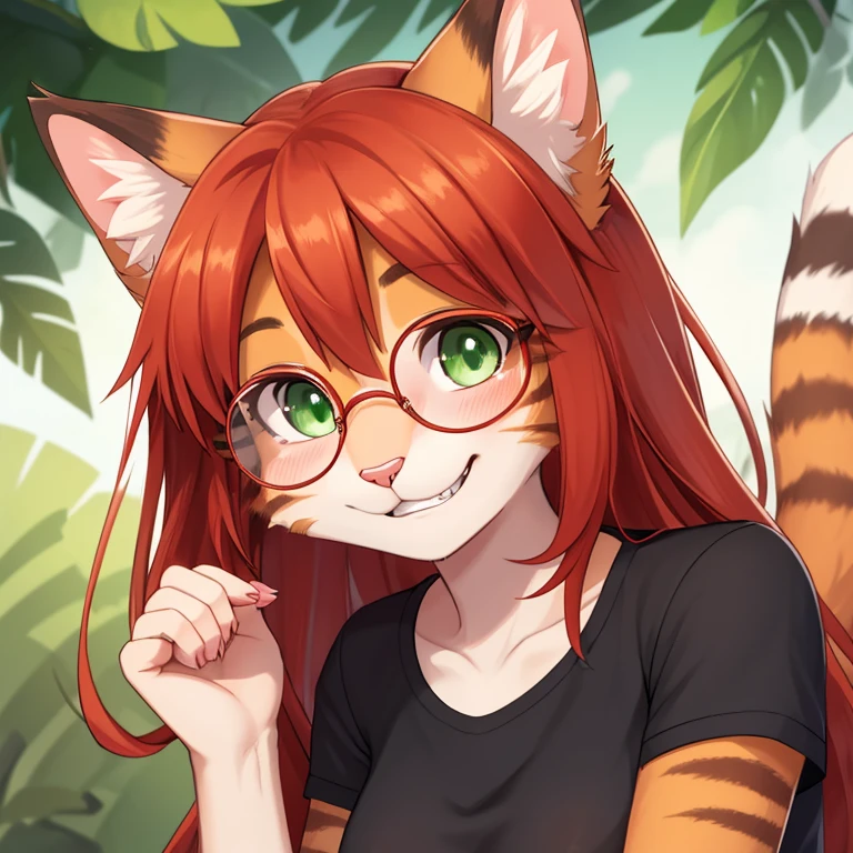 Masterpiece, high quality, Solo, tabby cat, orange fur, furry girl, green eyes, long red hair, cute cat snout , pink nose, small breasts, wearing black shirt, big round glasses, bashful smile, looking embarrassed, looking away, feline teeth, adjusting her glasses with a hand, close up portrait, mouth open, feline teeth, blushing