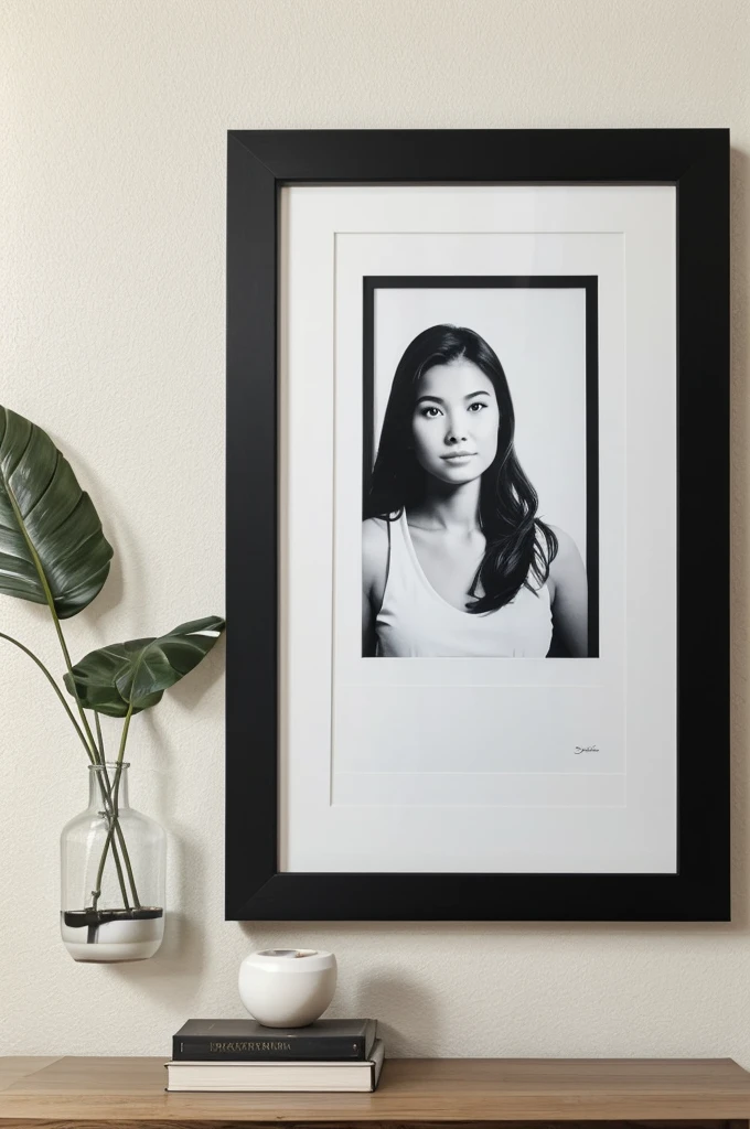 Framed black frame portrait holder, placed on a living room table with white wall behind