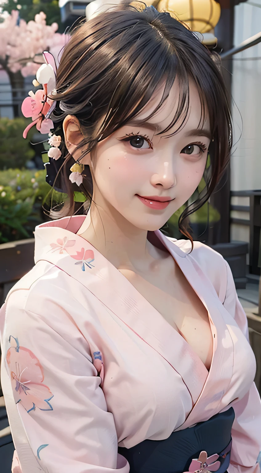 (ung girl), Extremely cute face, Amazing face and eyes, (Highly detailed eyes, Highly detailed face), fresh, Very clean appearance, (Hyper-realistic, hight resolution), (Best Quality:1.4), (light pink floral pattern yukata:1.5), (Open yukata), (cleavage:1.2), (Bare shoulders), Smile slightly, Bedroom, girl portrait,