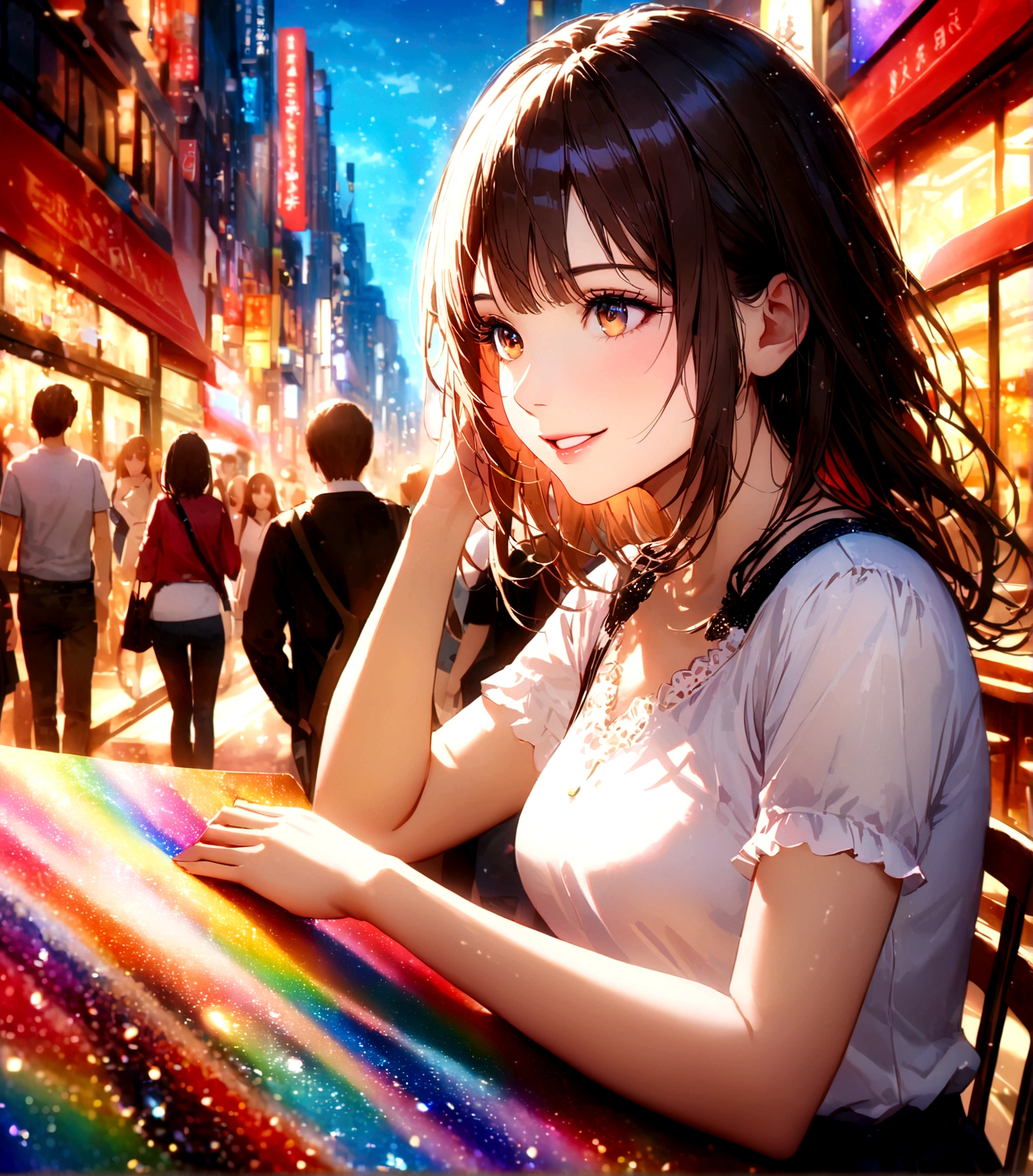 Shinjuku, Cute casual clothes,On a date,Blur the background,Shortcuts,high school girl,smile,Glitter effect,Highest quality, 8K, High resolution, masterpiece:1.2, Very detailed, Realistic:1.37, High resolution, 超High resolution, Ultra-fine painting, Very detailed, Professional, Vibrant colors