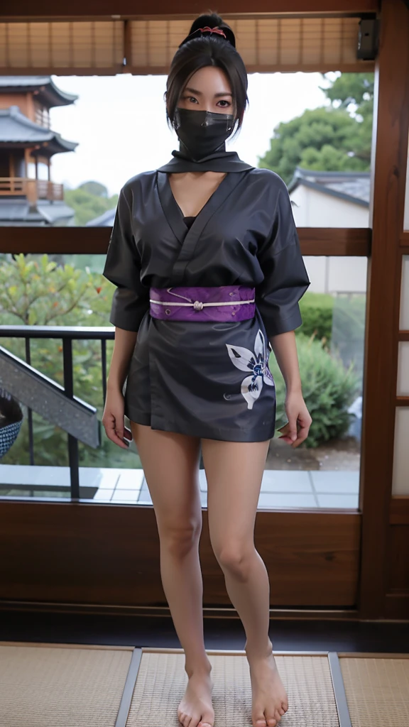 Young Female ninja wearing short kimono with bare feet and toes exposed with nude breats showing 