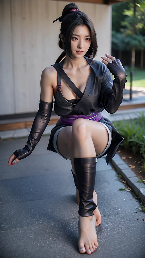 Female ninja wearing short kimono with bare feet and toes exposed with boob cleavage showing 